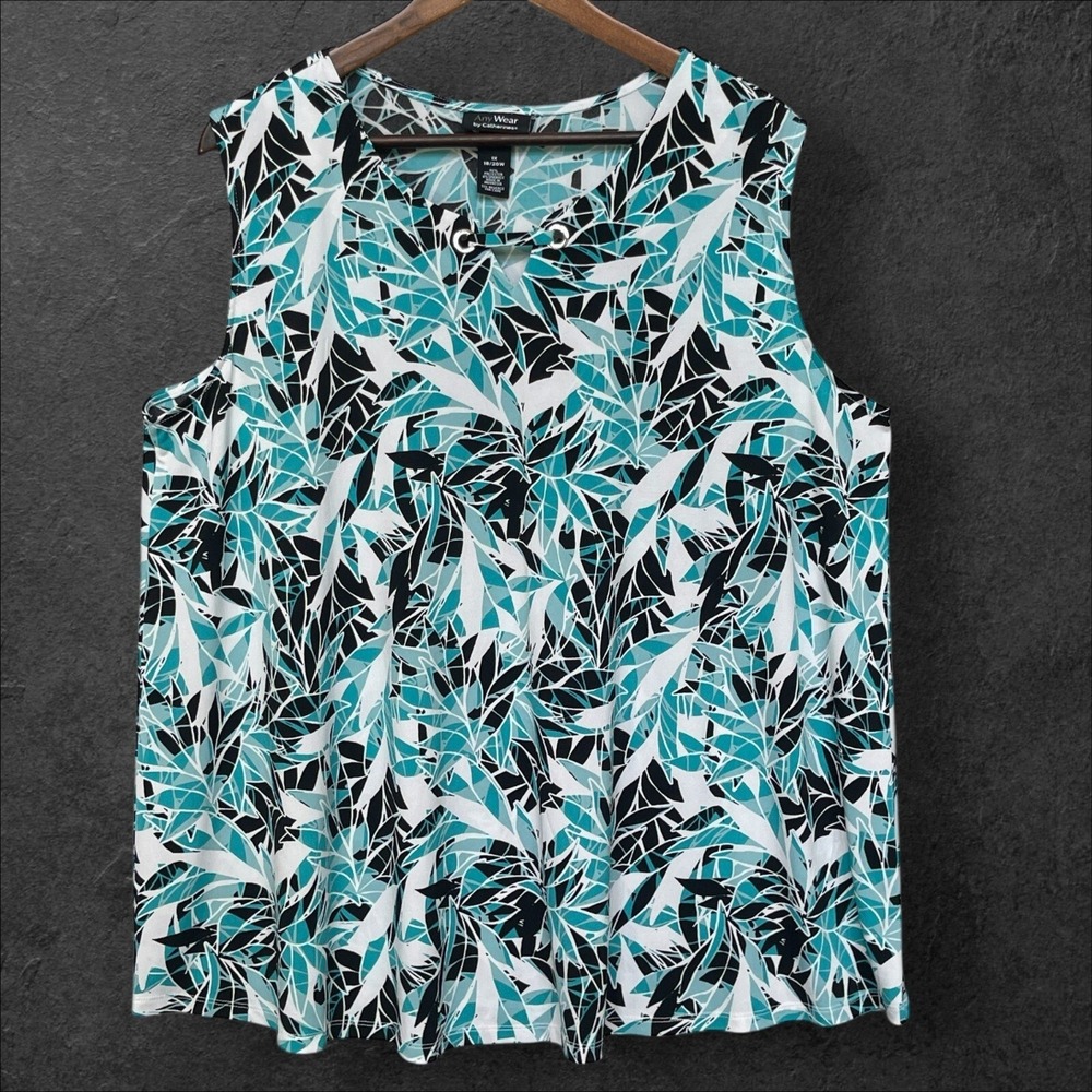 AnyWear by Catherines Womens 1X 20W Teal Black Leaf Print Grommet Neck Tank Top